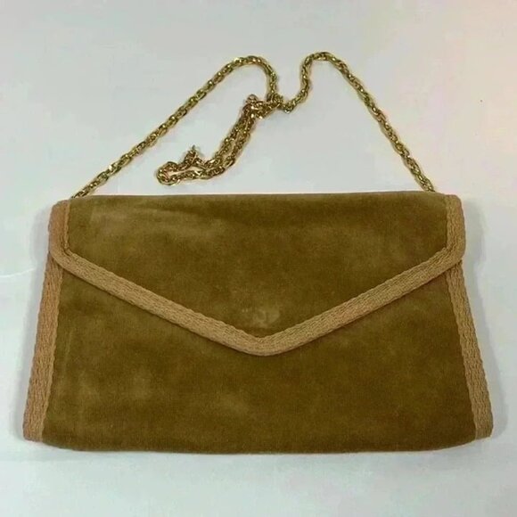 VELOUR CLUTCH HANDBAG TAN GOLD CHAIN PURSE - Picture 7 of 7